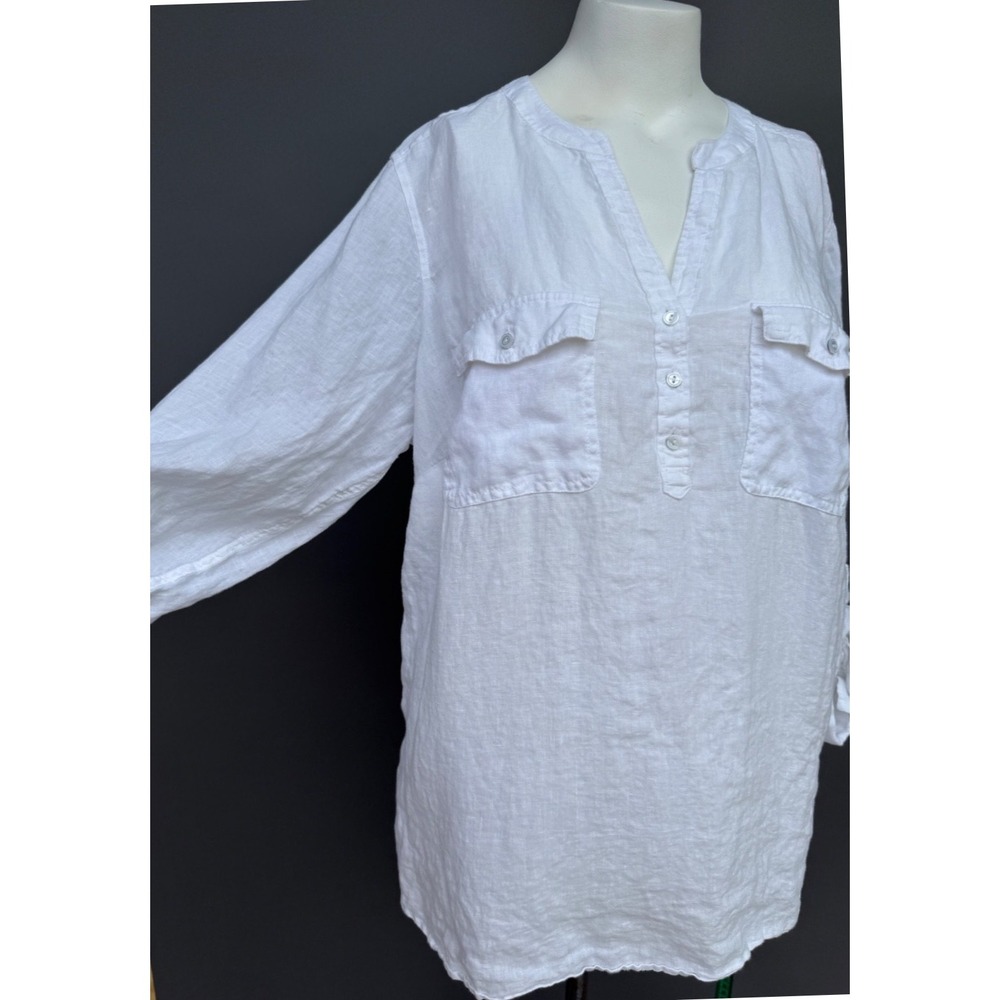 Talbots Linen Henley Shirt Plus Size 2X White Roll Tab Sleeve Coastal Top Resort